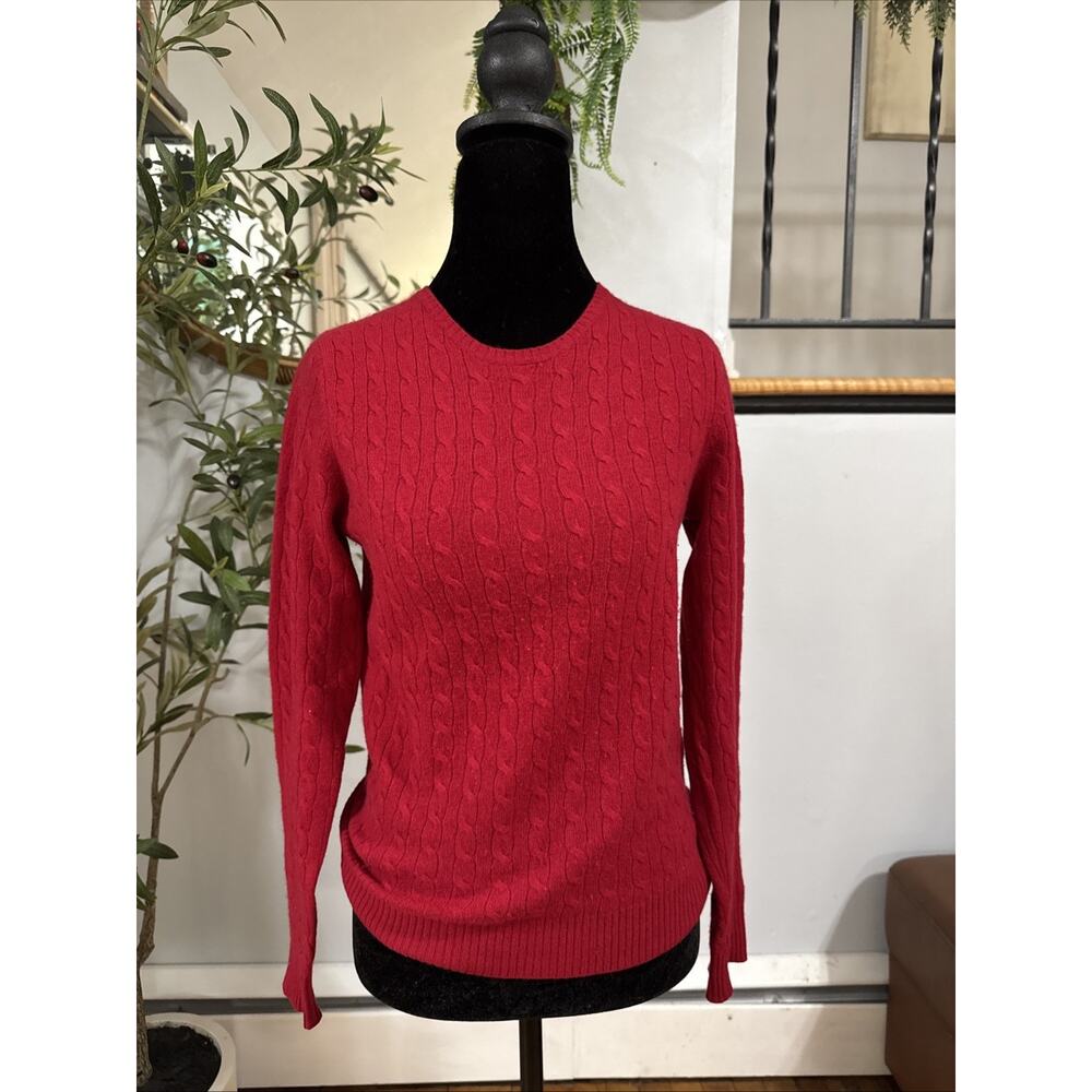 Fiona Red Cashmere Crew Neck Cable Knit Sweater Small Preppy Old Money Luxury